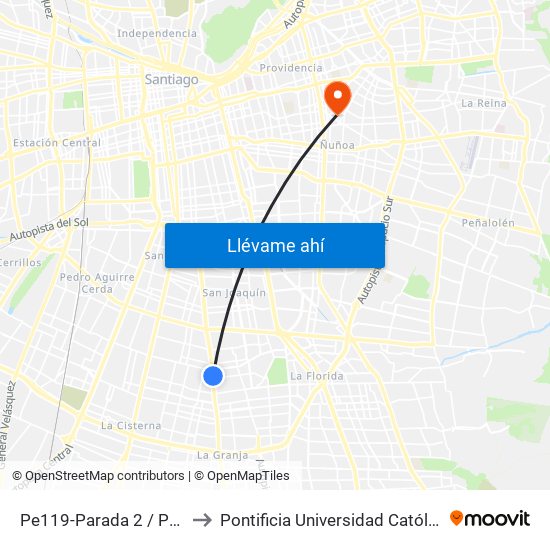 Pe119-Parada 2 / Paradero 18 Santa Rosa to Pontificia Universidad Católica De Chile (Campus Oriente) map