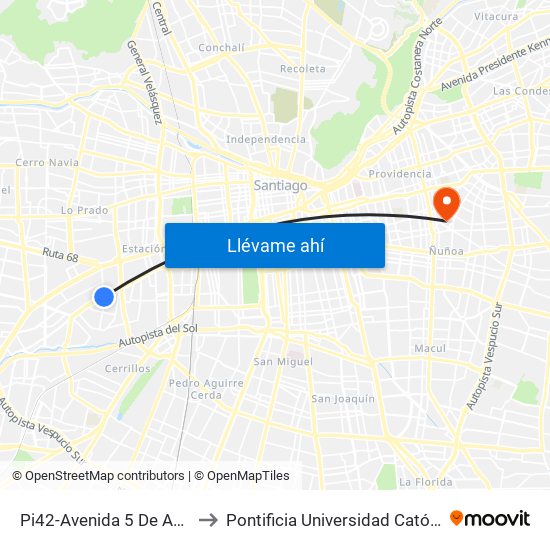 Pi42-Avenida 5 De Abril / Esq. Av. Aeropuerto to Pontificia Universidad Católica De Chile (Campus Oriente) map