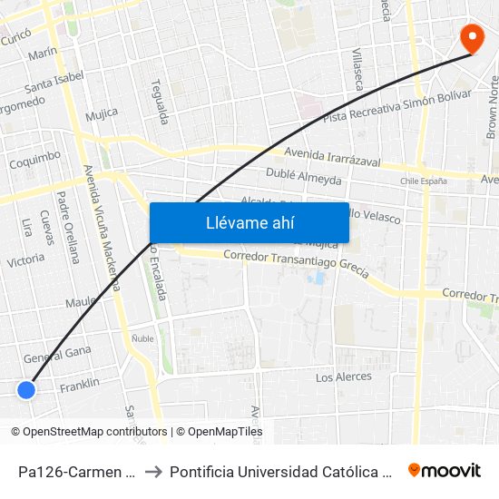 Pa126-Carmen / Esq. Franklin to Pontificia Universidad Católica De Chile (Campus Oriente) map