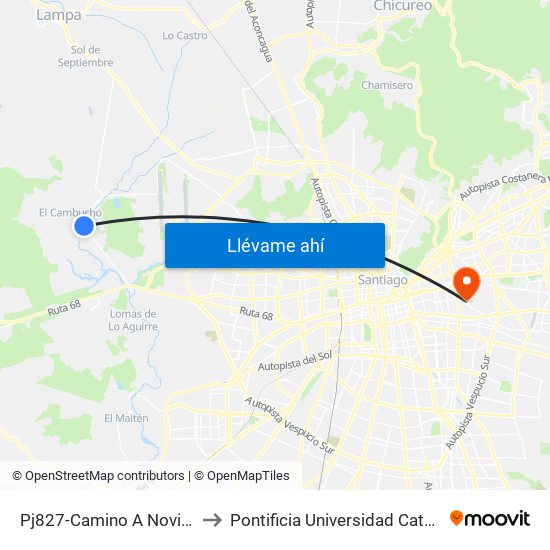 Pj827-Camino A Noviciado / Esq. Simón Bolívar to Pontificia Universidad Católica De Chile (Campus Oriente) map