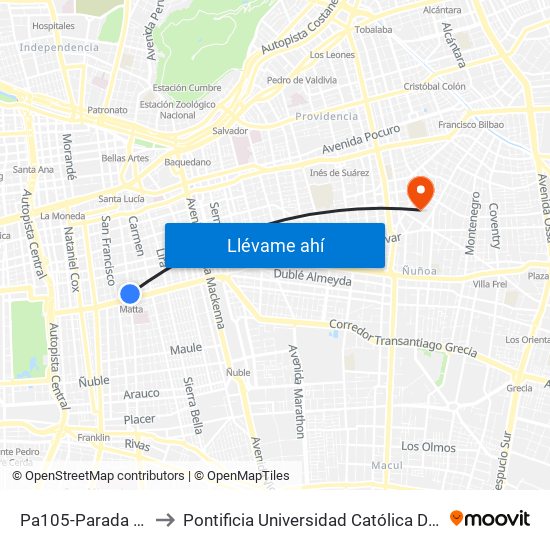Pa105-Parada 1 / (M) Matta to Pontificia Universidad Católica De Chile (Campus Oriente) map