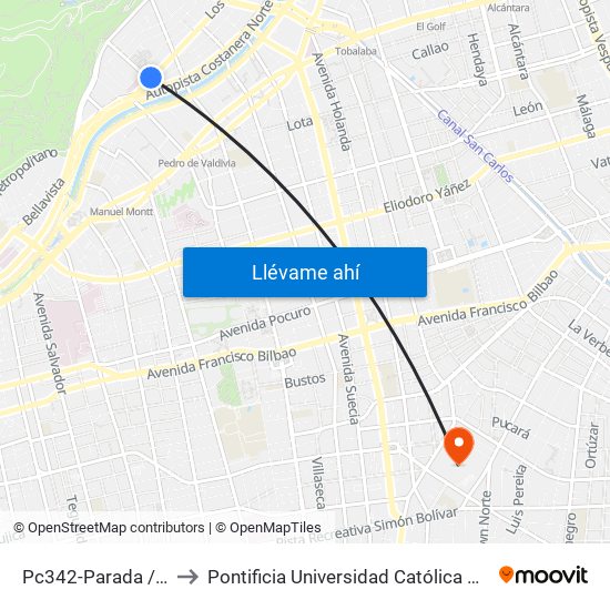 Pc342-Parada / Clínica Indisa to Pontificia Universidad Católica De Chile (Campus Oriente) map