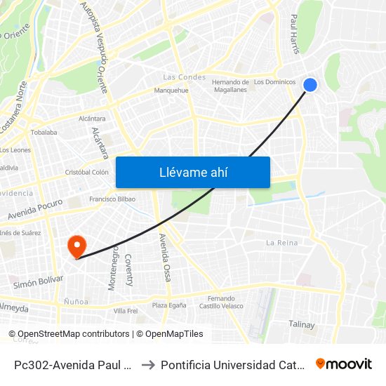 Pc302-Avenida Paul Harris / Esq. Río Guadiana to Pontificia Universidad Católica De Chile (Campus Oriente) map
