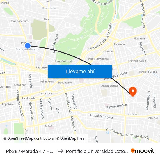 Pb387-Parada 4 / Hospital Clínico U. De Chile to Pontificia Universidad Católica De Chile (Campus Oriente) map