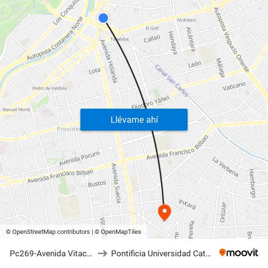 Pc269-Avenida Vitacura / Esq. Encomenderos to Pontificia Universidad Católica De Chile (Campus Oriente) map