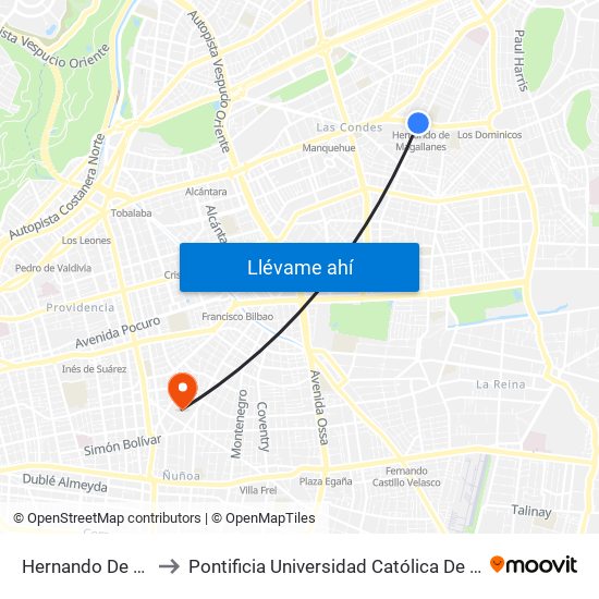 Hernando De Magallanes to Pontificia Universidad Católica De Chile (Campus Oriente) map