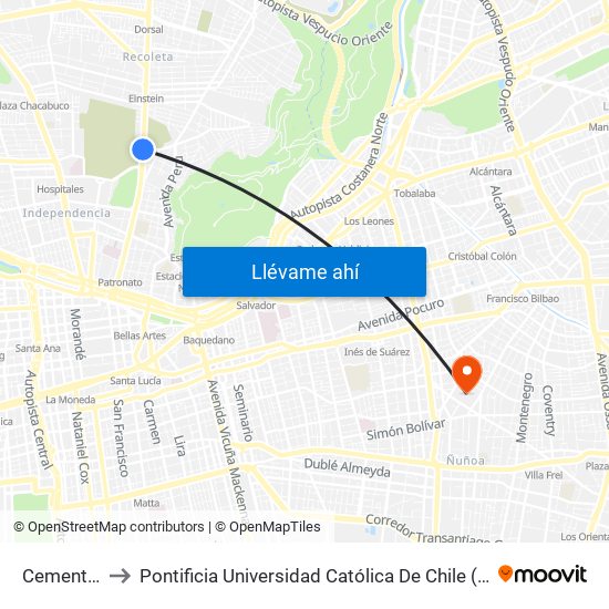 Cementerios to Pontificia Universidad Católica De Chile (Campus Oriente) map