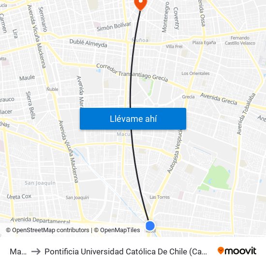 Macul to Pontificia Universidad Católica De Chile (Campus Oriente) map