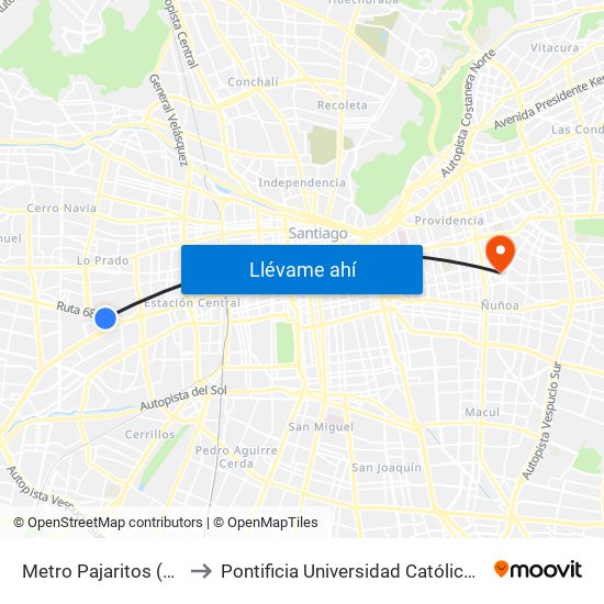 Metro Pajaritos (Pasarela Exterior) to Pontificia Universidad Católica De Chile (Campus Oriente) map