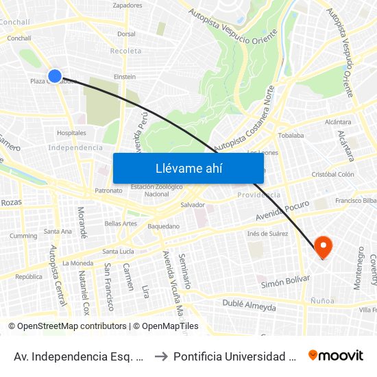 Av. Independencia Esq. Hipódromo Chile (Plaza Chacabuco) to Pontificia Universidad Católica De Chile (Campus Oriente) map