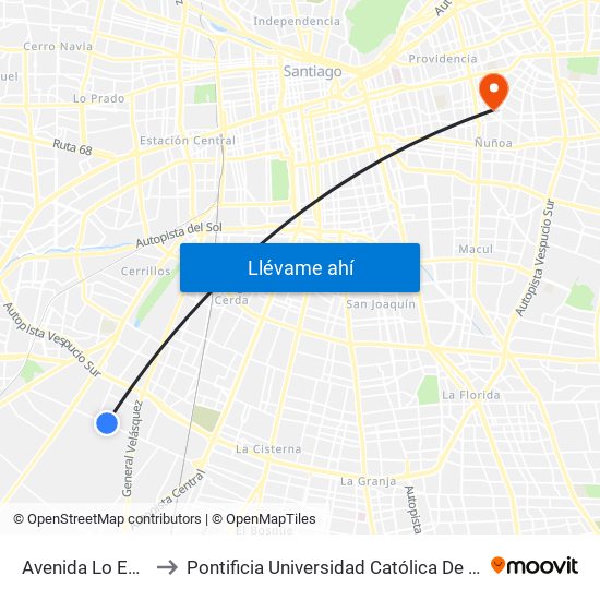 Avenida Lo Espejo, 3780 to Pontificia Universidad Católica De Chile (Campus Oriente) map