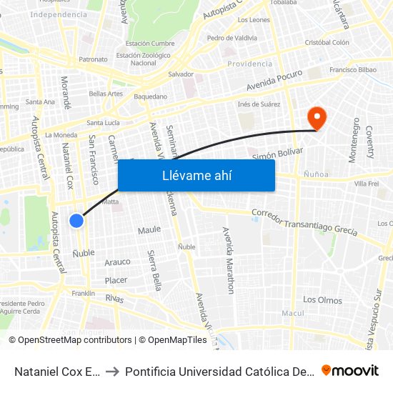 Nataniel Cox Esq. Victoria to Pontificia Universidad Católica De Chile (Campus Oriente) map