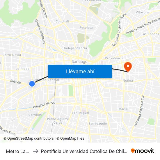 Metro Las Rejas to Pontificia Universidad Católica De Chile (Campus Oriente) map