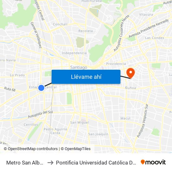 Metro San Alberto Hurtado to Pontificia Universidad Católica De Chile (Campus Oriente) map