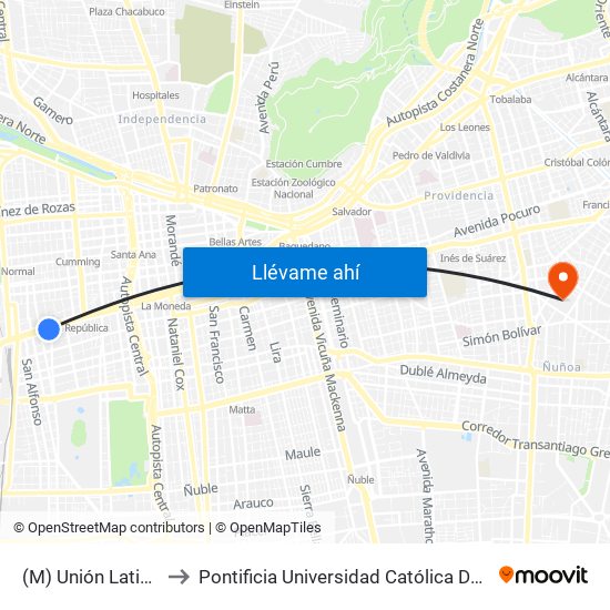 (M) Unión Latinoamericana to Pontificia Universidad Católica De Chile (Campus Oriente) map