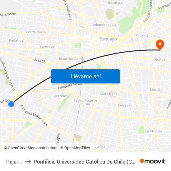 Pajaritos to Pontificia Universidad Católica De Chile (Campus Oriente) map