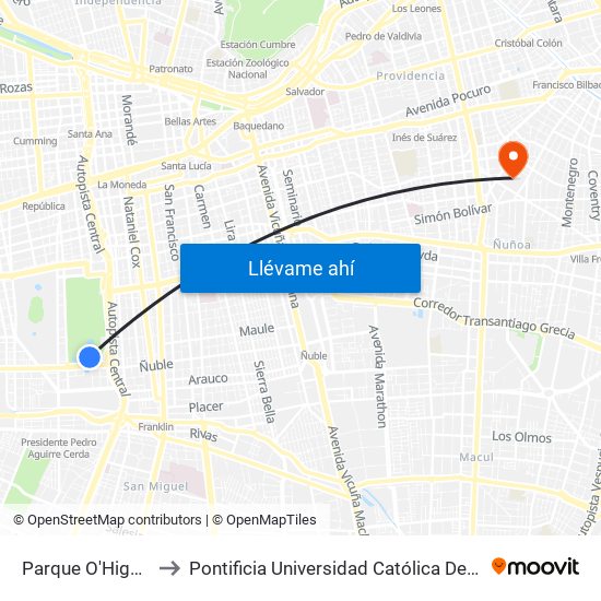Parque O'Higgins Interior to Pontificia Universidad Católica De Chile (Campus Oriente) map