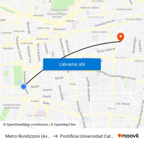 Metro Rondizzoni (Av. Rondizzoni Esq. Fábrica) to Pontificia Universidad Católica De Chile (Campus Oriente) map