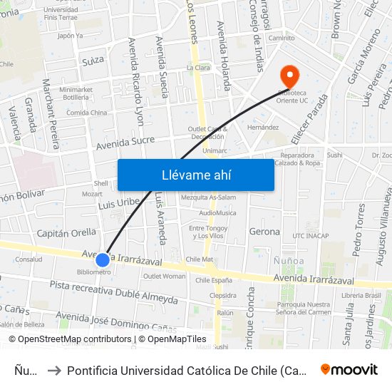 Ñuñoa to Pontificia Universidad Católica De Chile (Campus Oriente) map