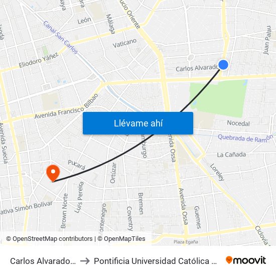 Carlos Alvarado / Manquehue to Pontificia Universidad Católica De Chile (Campus Oriente) map