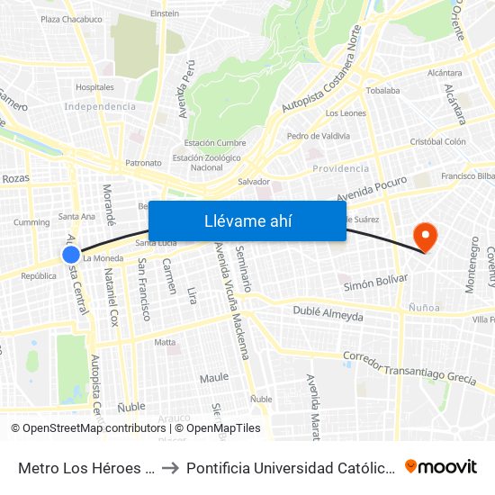 Metro Los Héroes (Plazoleta Central) to Pontificia Universidad Católica De Chile (Campus Oriente) map