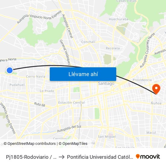 Pj1805-Rodoviario / Esq. Federico Errázuriz to Pontificia Universidad Católica De Chile (Campus Oriente) map