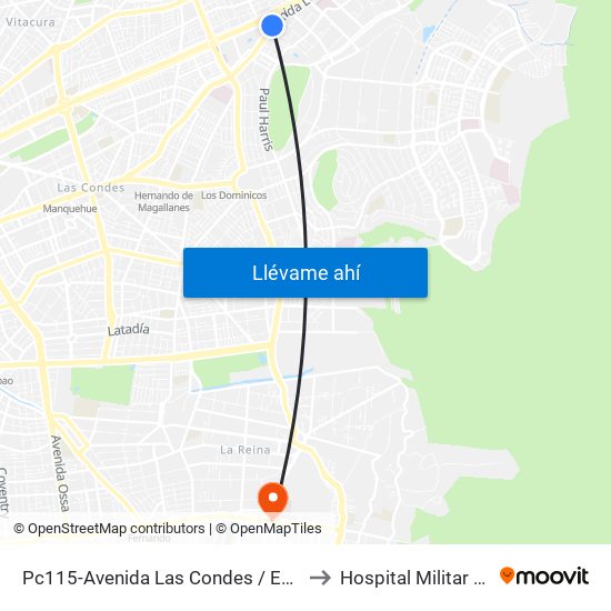 Pc115-Avenida Las Condes / Esq. Psje. Las Condes to Hospital Militar De Santiago map