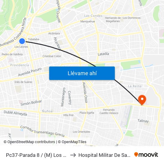 Pc37-Parada 8 / (M) Los Leones to Hospital Militar De Santiago map