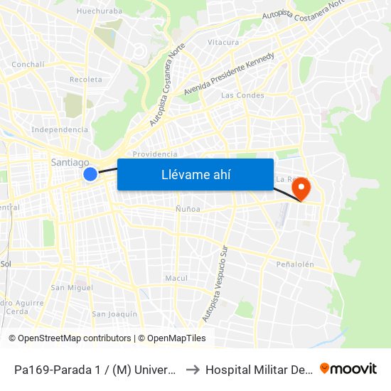 Pa169-Parada 1 / (M) Universidad Católica to Hospital Militar De Santiago map