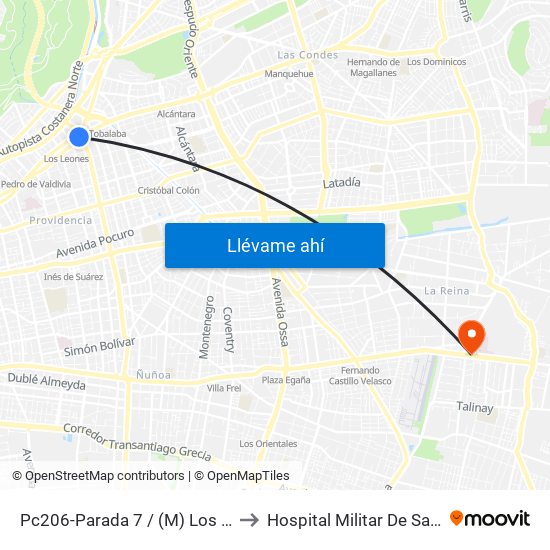 Pc206-Parada 7 / (M) Los Leones to Hospital Militar De Santiago map