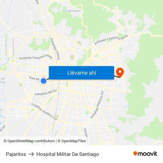 Pajaritos to Hospital Militar De Santiago map