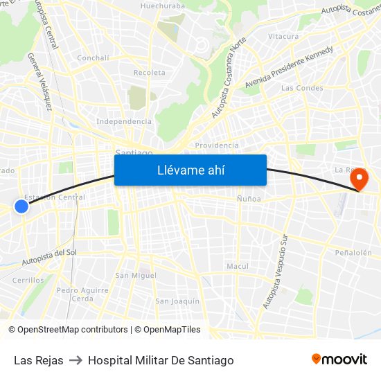 Las Rejas to Hospital Militar De Santiago map