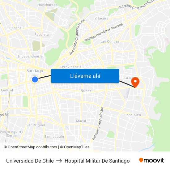 Universidad De Chile to Hospital Militar De Santiago map