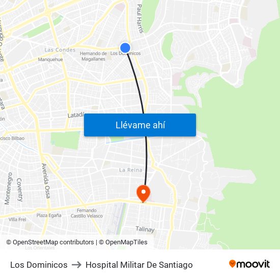 Los Dominicos to Hospital Militar De Santiago map