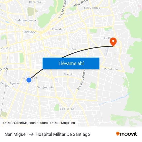 San Miguel to Hospital Militar De Santiago map