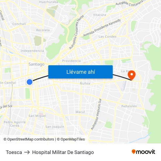 Toesca to Hospital Militar De Santiago map