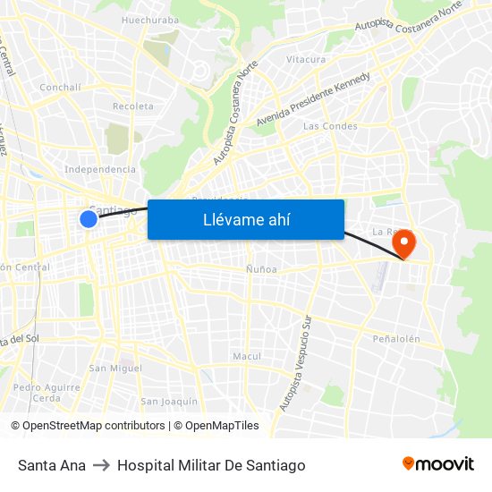 Santa Ana to Hospital Militar De Santiago map