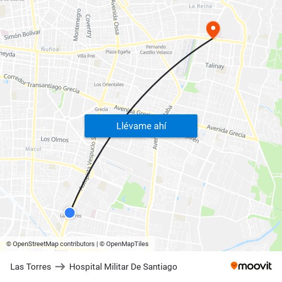 Las Torres to Hospital Militar De Santiago map