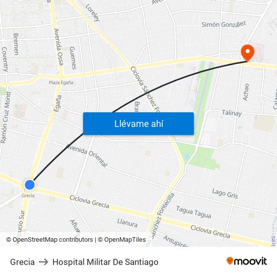 Grecia to Hospital Militar De Santiago map