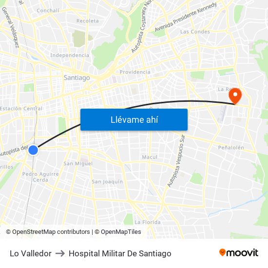 Lo Valledor to Hospital Militar De Santiago map