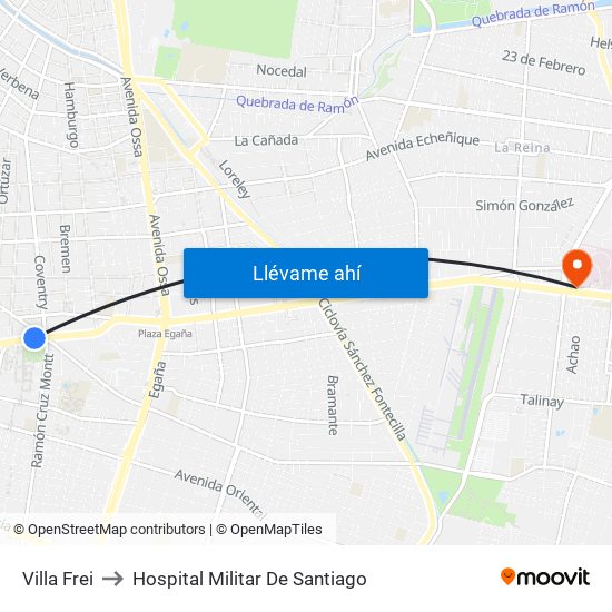 Villa Frei to Hospital Militar De Santiago map