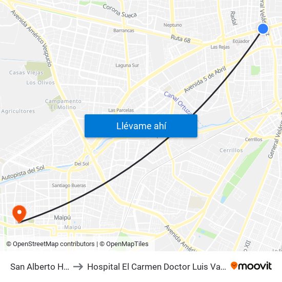 San Alberto Hurtado to Hospital El Carmen Doctor Luis Valentín Ferrada map