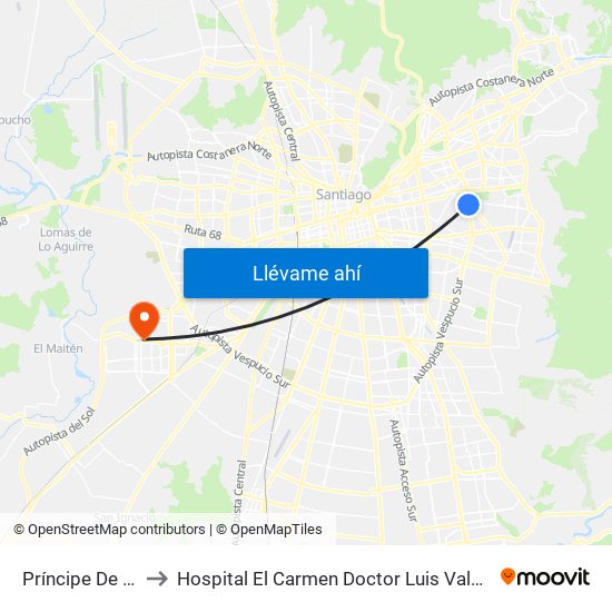 Príncipe De Gales to Hospital El Carmen Doctor Luis Valentín Ferrada map