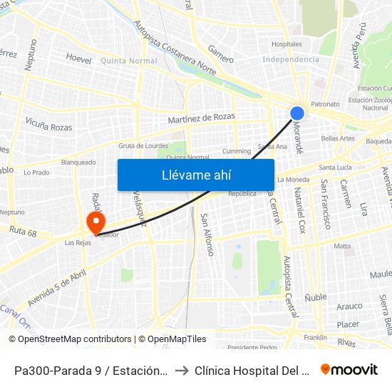 Pa300-Parada 9 / Estación Mapocho to Clínica Hospital Del Profesor map