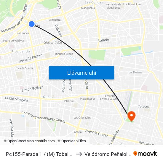 Pc155-Parada 1 / (M) Tobalaba to Velódromo Peñalolén​ map
