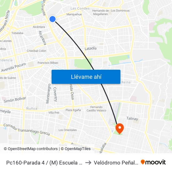 Pc160-Parada 4 / (M) Escuela Militar to Velódromo Peñalolén​ map