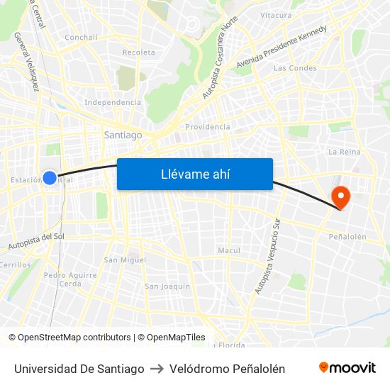 Universidad De Santiago to Velódromo Peñalolén​ map