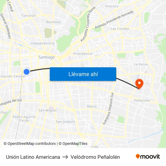 Unión Latino Americana to Velódromo Peñalolén​ map