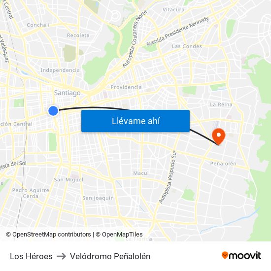 Los Héroes to Velódromo Peñalolén​ map