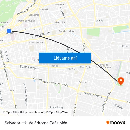 Salvador to Velódromo Peñalolén​ map